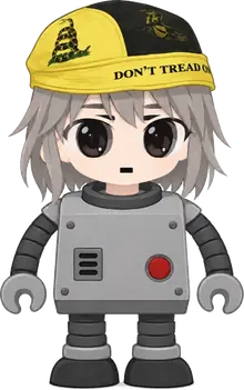 AlonBot: a chibi robot with grey hair and a yellow Don't Tread On Me cap